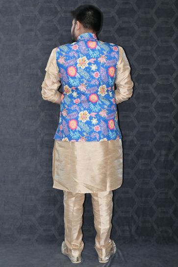 Gorgeous Art Silk Fabric Reception Wear Readymade Kurta Pyjama For Men With Blue Color Jacket