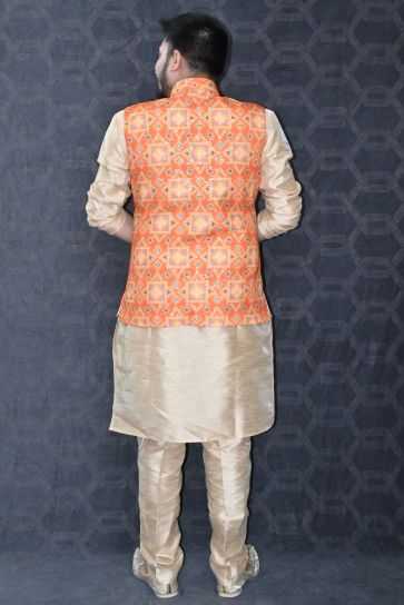 Art Silk Function Wear Readymade Men Kurta Pyjama With Orange Color Stunning Jacket