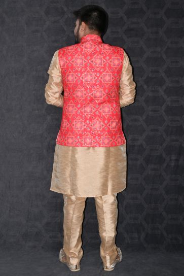 Gorgeous Art Silk Fabric Function Wear Readymade Kurta Pyjama For Men With Red Color 3 Pcs Jacket Set