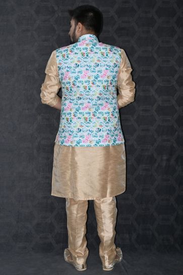 Art Silk Fabric Festive Wear Readymade Stunning Kurta Pyjama For Men With Blue Color 3 Pcs Jacket Set
