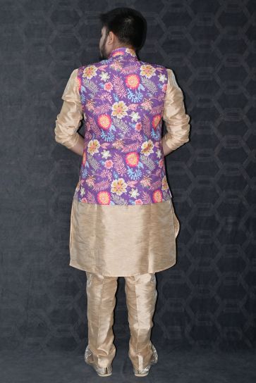 Sangeet Wear Readymade Lovely Art Silk Fabric Kurta Pyjama For Men With Purple Color 3 Pcs Jacket Set