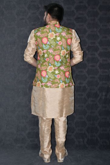 Art Silk Fabric Wedding Wear Readymade Pretty Kurta Pyjama For Men With Green Color 3 Pcs Jacket Set