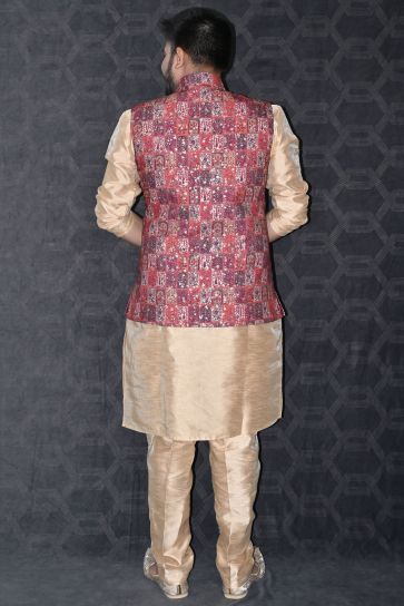 Reception Wear Readymade Art Silk Fabric Beautiful Kurta Pyjama For Men With Maroon Color 3 Pcs Jacket Set