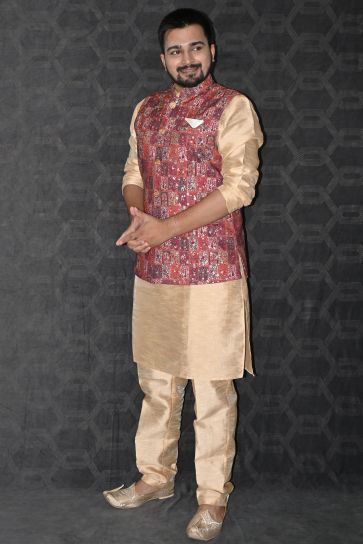 Reception Wear Readymade Art Silk Fabric Beautiful Kurta Pyjama For Men With Maroon Color 3 Pcs Jacket Set