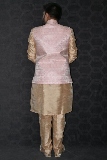 Men Ethnic Art Silk Readymade Kurta With Pyjama And Pink Color Jacket