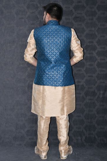 Art Silk Fabric Designer Readymade Long Kurta Pyjama With Blue Color Jacket