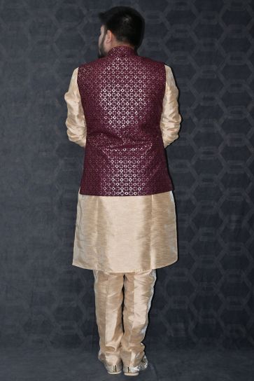 Art Silk Fabric Function Wear Readymade Men Kurta Pyjama With Maroon Color Jacket