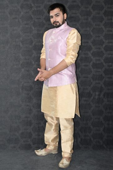 Art Silk Fabric Festive Wear Readymade Men Kurta Pyjama With Pink Color Stylish Jacket 
