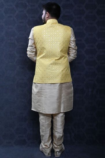 Fancy Art Silk Wedding Wear Readymade Designer Men Kurta Pyjama With Yellow Color Jacket