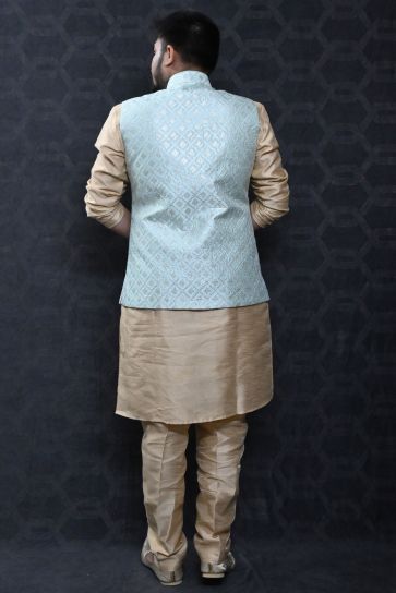 Gorgeous Art Silk Fabric Reception Wear Readymade Men Kurta Pyjama With Blue Color Jacket
