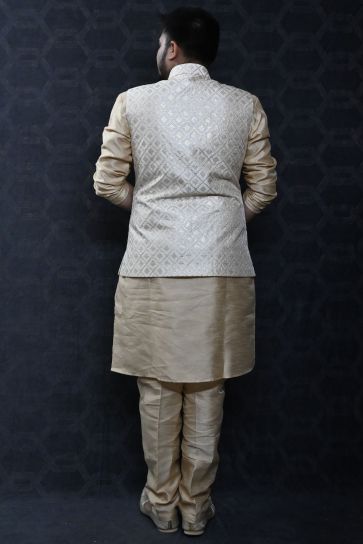 Stunning Art Silk Sangeet Wear Readymade Men Kurta Pyjama With Cream Color Jacket