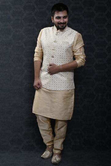 Stunning Art Silk Sangeet Wear Readymade Men Kurta Pyjama With Cream Color Jacket