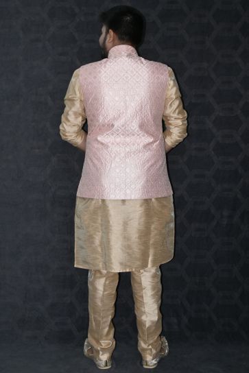 Function Wear Art Silk Fabric Readymade Lovely Men Kurta Pyjama With Pink Color Jacket
