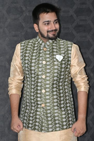 Sangeet Wear Readymade Men Olive Color Jacket In Art Silk Fabric 