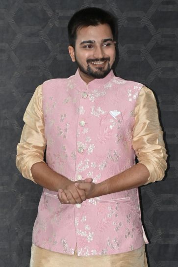 Jacquard Fabric Festive Wear Readymade Men Stylish Pink Color Jacket 