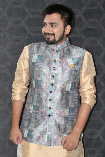Art Silk Fabric Sangeet Wear Trendy Readymade Men Grey Color Jacket