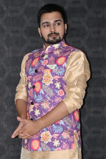 Sangeet Wear Readymade Lovely Cotton Fabric Men Purple Color Jacket