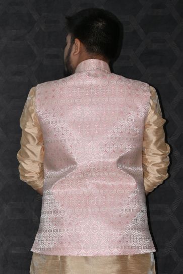 Men Ethnic Jacquard Readymade Pink Color Jacket