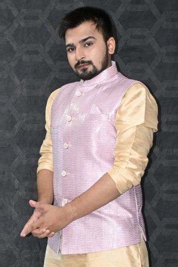 Art Silk Fabric Festive Wear Readymade Men Pink Color Stylish Jacket 