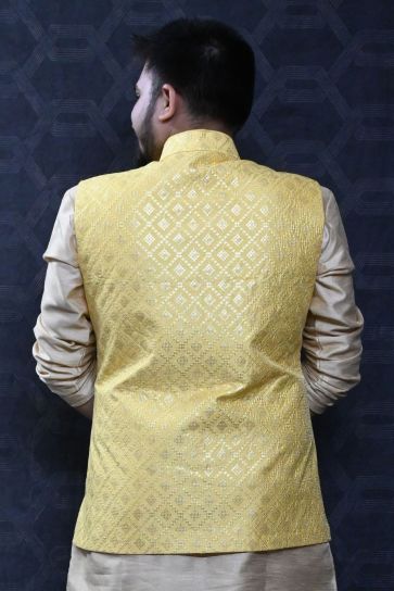 Fancy Art Silk Wedding Wear Readymade Designer Men Yellow Color Jacket