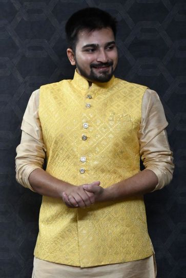 Fancy Art Silk Wedding Wear Readymade Designer Men Yellow Color Jacket