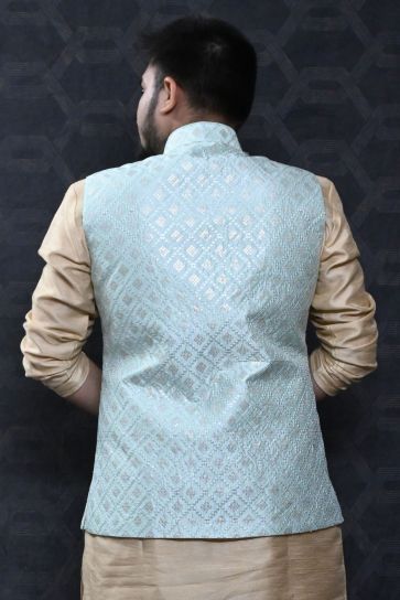 Gorgeous Art Silk Fabric Reception Wear Readymade Men Blue Color Jacket