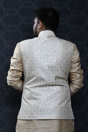 Stunning Art Silk Sangeet Wear Readymade Men Cream Color Jacket