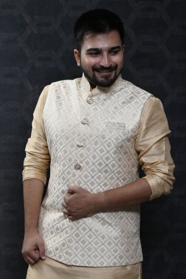 Stunning Art Silk Sangeet Wear Readymade Men Cream Color Jacket