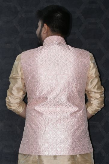 Function Wear Art Silk Fabric Readymade Lovely Men Pink Color Jacket
