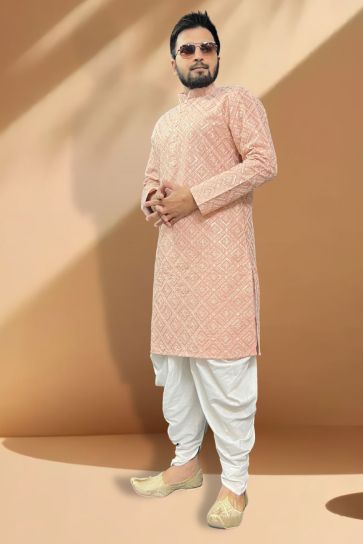 Fetching Silk Fabric Readymade Peshawari Style Kurta Pyjama Set In Peach Color