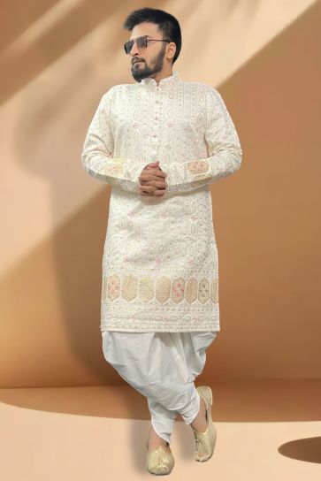 Stunning Cream Color Readymade Peshawari Style Kurta Pyjama Set In Silk Fabric