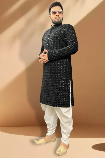 Striking Black Color Velvet Fabric Peshawari Style Readymade Kurta Pyjama Set