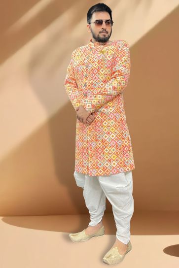 Dusky Orange Color Silk Fabric Readymade Peshawari Style Indo Western Set