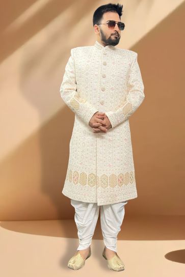 Vivacious Silk Fabric Readymade Peshawari Style Sherwani In Cream Color