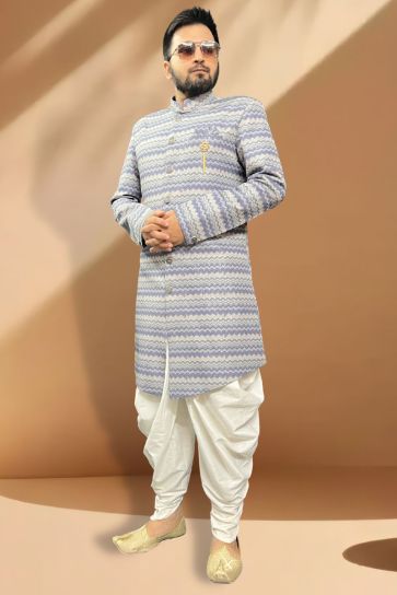 Attractive Blue And Grey Color Readymade Peshawari Style Indo Western Set In Silk Fabric