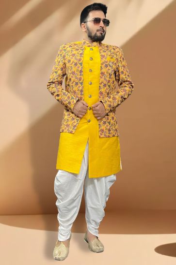 Enriching Yellow Color Readymade Silk Fabric Peshawari Style Indo Western Set