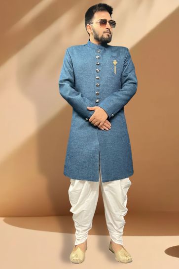 Splendiferous Blue Color Jacquard Fabric Readymade Peshawari Style Indo Western Set