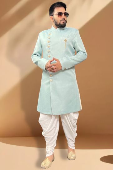  Majestic Light Cyan Color Jacquard Fabric Readymade Peshawari Style Indo Western Set