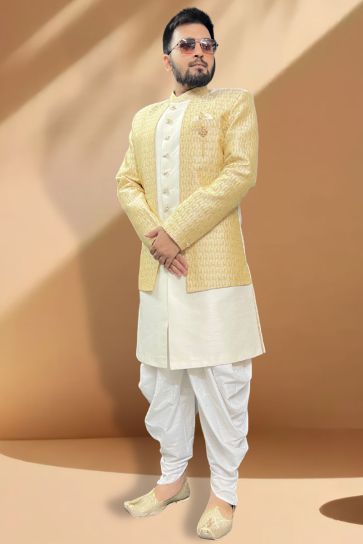 Remarkable Cream Color Silk Fabric Readymade Peshawari Style Indo Western Set