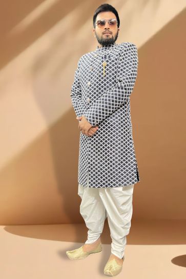 Sober Silk Fabric Readymade Peshawari Style Indo Western Set In Navy Blue Color