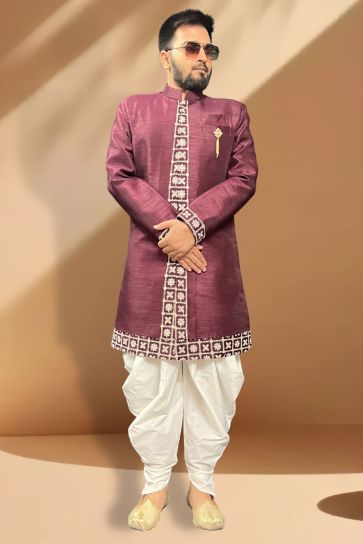 Burgundy Color Silk Fabric Readymade Magnificent Peshawari Style Indo Western Set