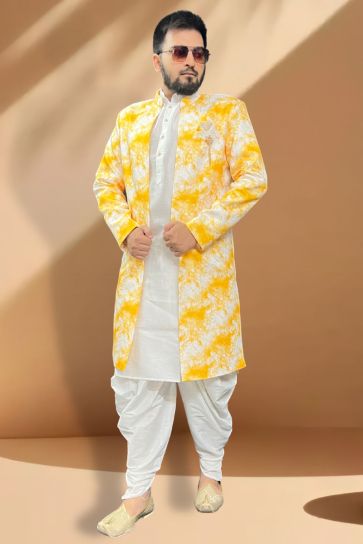 Trendy Textured Yellow Color Silk Fabric Readymade Peshawari Style Indo Western Set