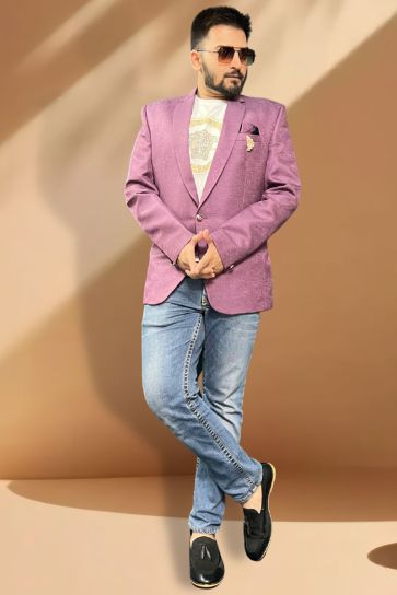 Engaging Purple Color Jacquard Fabric Readymade Blazer For Men