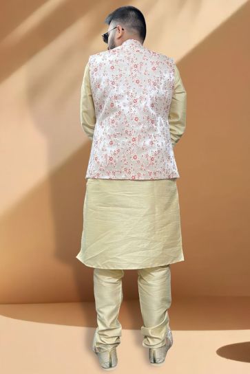 Engaging Function Wear Silk Fabric Cream Kurta Pyjama With Cream Color Jacket