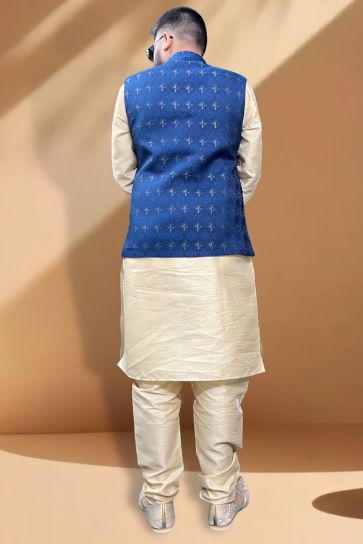 Fetching Silk Fabric Function Wear Cream Kurta Pyjama With Blue Color Jacket