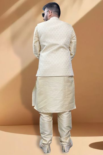Striking Silk Fabric Cream Kurta Pyjama With Off White Color Jacket In Function Wear