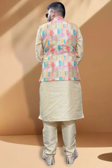 Fantastic Silk Fabric Function Wear Cream Kurta Pyjama With Multi Color Jacket