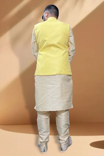 Dusky Silk Fabric Function Wear Cream Kurta Pyjama With Yellow Color Jacket