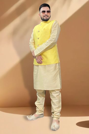 Dusky Silk Fabric Function Wear Cream Kurta Pyjama With Yellow Color Jacket