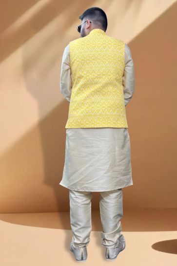Vivacious Silk Fabric Function Wear Cream Kurta Pyjama With Yellow Color Jacket